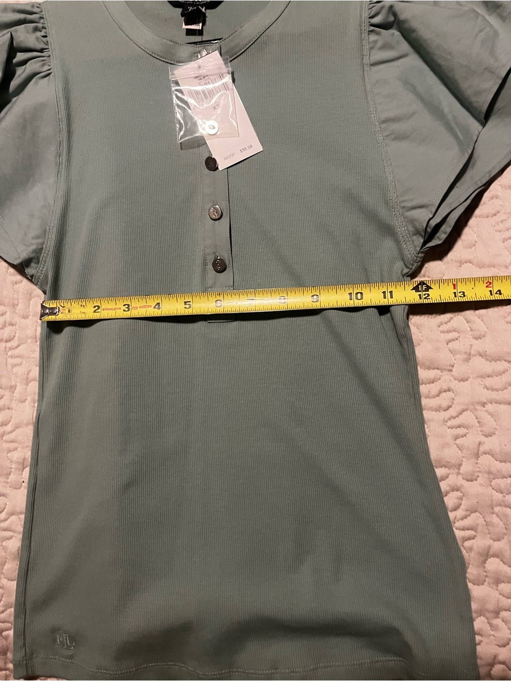 Ralph Lauren Sage Green Puff Sleeve Button-Front Top - Picture 9 of 12